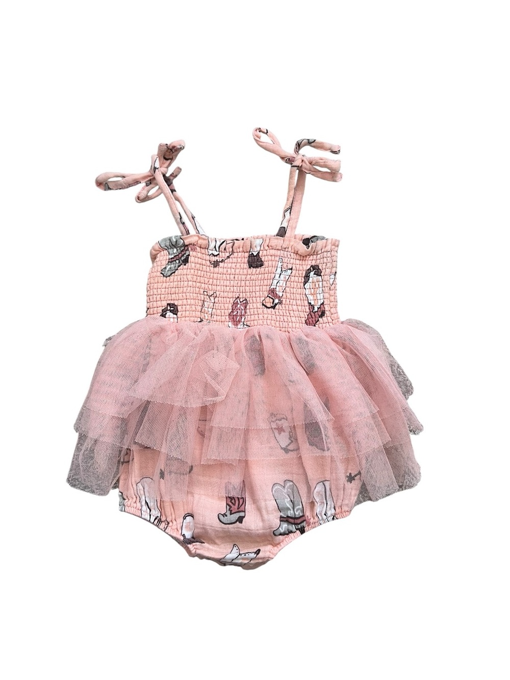 Angel Dear Peach Pink rodeo Smocked Baby Romper with Tulle Skirt